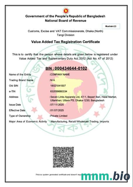 Bangladesz certyfikat rejestracji podatku od wartości dodanej Word i szablon PDF